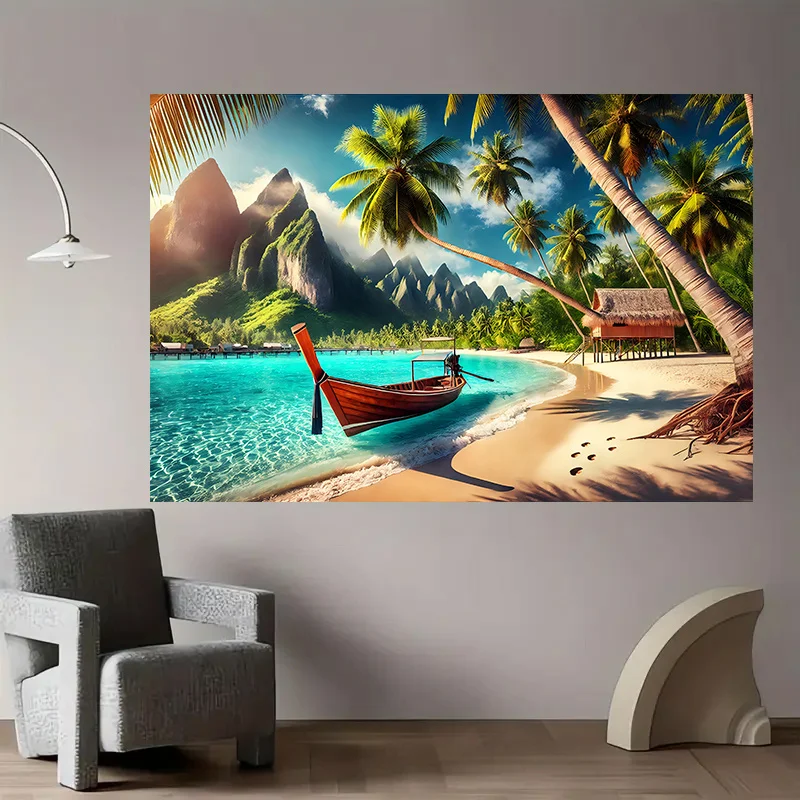Background flag 1 piece, polyester fabric covering for the wall depicting tropical island beach scenery, background cloth