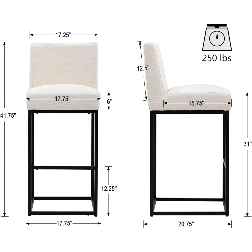 패딩 처리된 등받이가 있는 현대적인 덮개를 씌운 바 의자 31개, 검은색 금속 프레임의 높은 바 의자