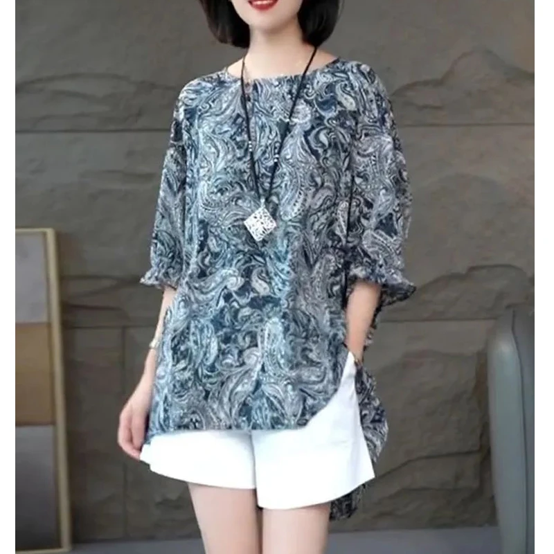 Women\'s Vintage Print Oversized Blouse Summer Korean Fashion O Neck Half Sleeve Shirt Ladies Irregular Tunic Tops Elegant Blusas