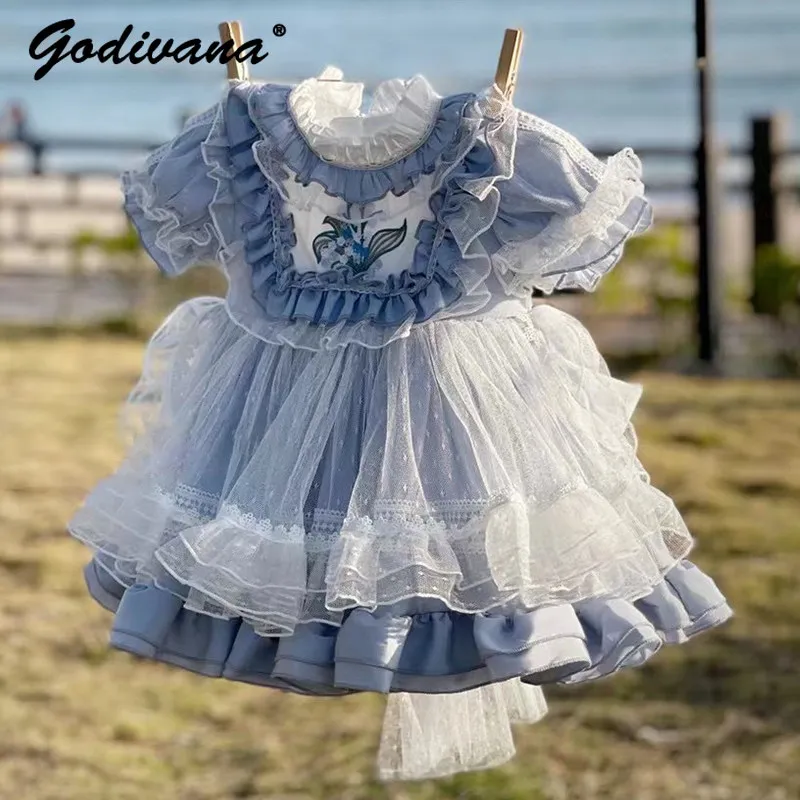 Sweet Baby Girls Spring and Summer New Tulle Lolita Dress Kids Ruffle Trim Mesh First Birthday Party Spanish Princess Ball Gown