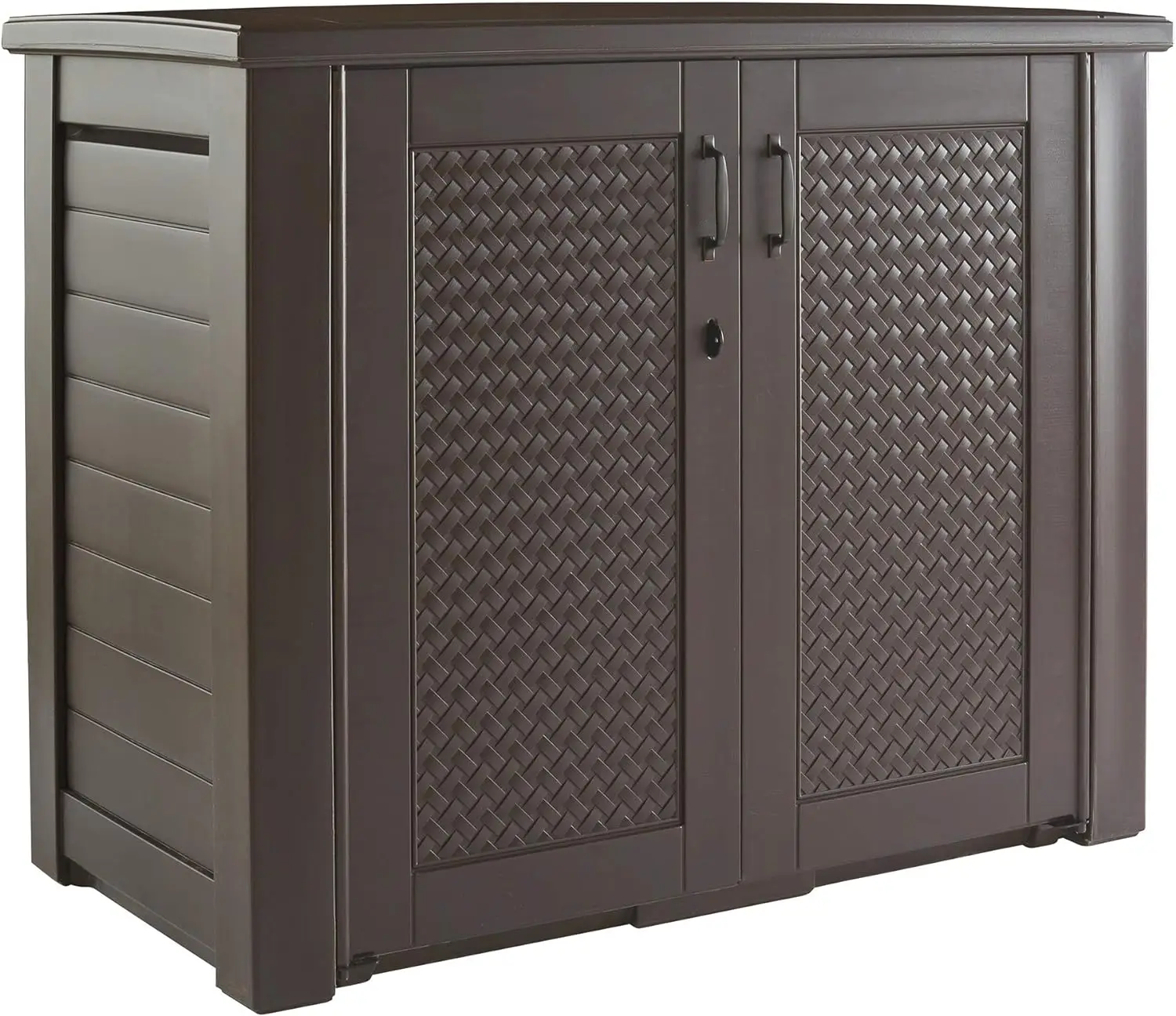 Rubbermaid-Armário de armazenamento decorativo extra grande do pátio, resistente às intempéries, 123 Gal., Teakwood escuro, para o jardim, quintal, casa, piscina