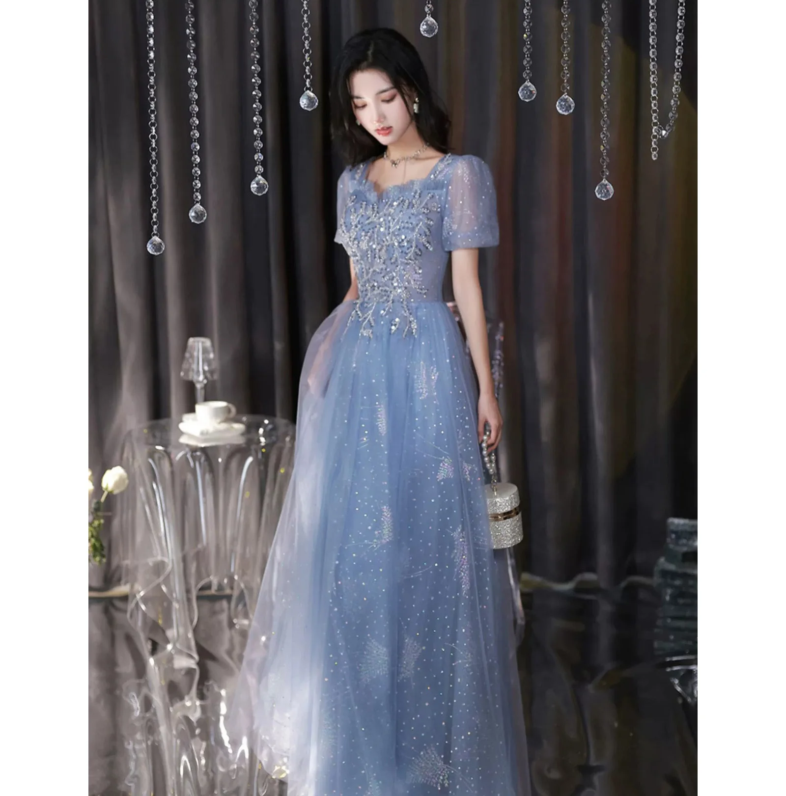 

Big Sale!!!Stunning Blue Prom Dresses 2025 Long Evening Gowns Sparkling Beading Sequins Lace-up Back Long Party Dresses