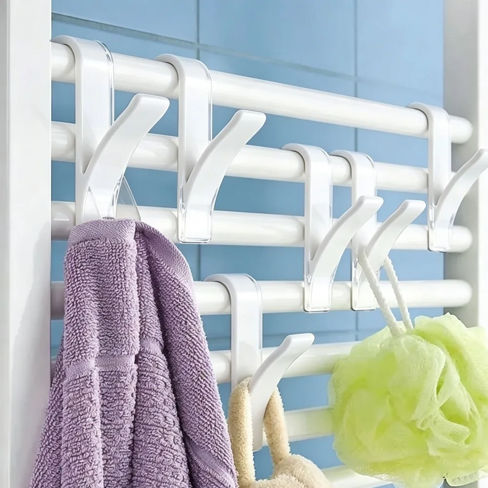 2PCS Towel Hanger Clips, Kitchen Bathroom Storage Rack, Heated Radiator Rail Hooks, White Clear Clothes Scarf Holder