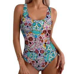 Spooky Skeleton Swimsuit Skulls with Flowers Push Up Swimwear One Piece Surfing Bathing Suits Swimsuits Sexy Beachwear Plus Size