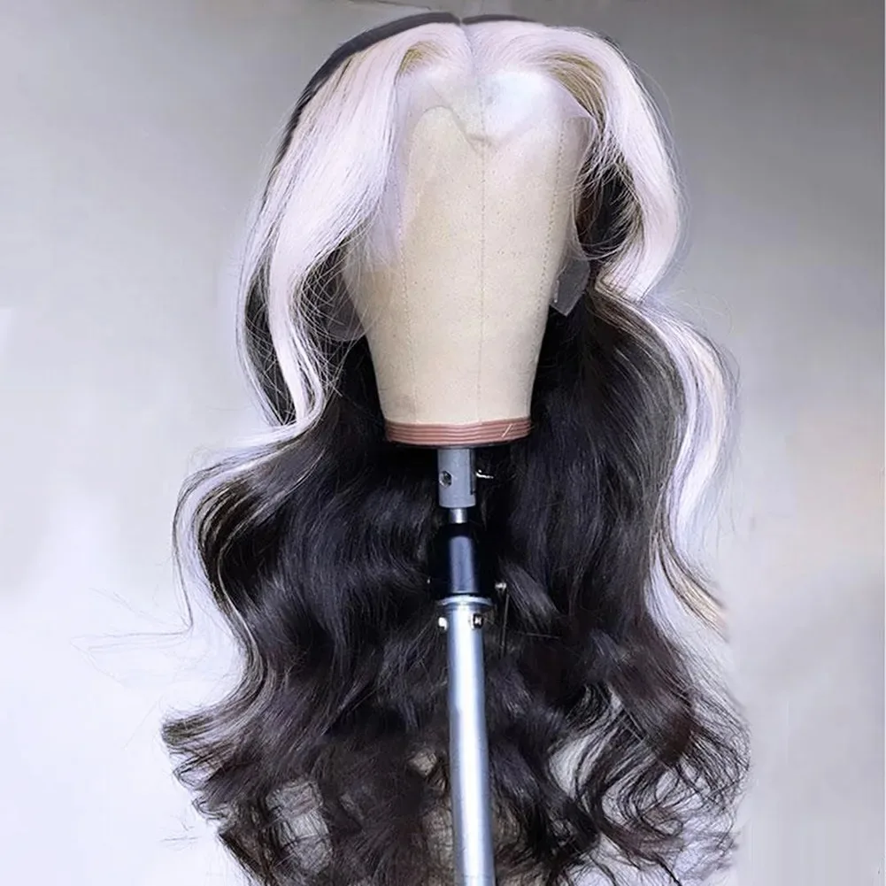Black And White Highlight Wig 13x4 HD Body Wave Lace Frontal Wig Glueless Preplucked Synthetic And Blend Lace Wigs Daily Cosplay