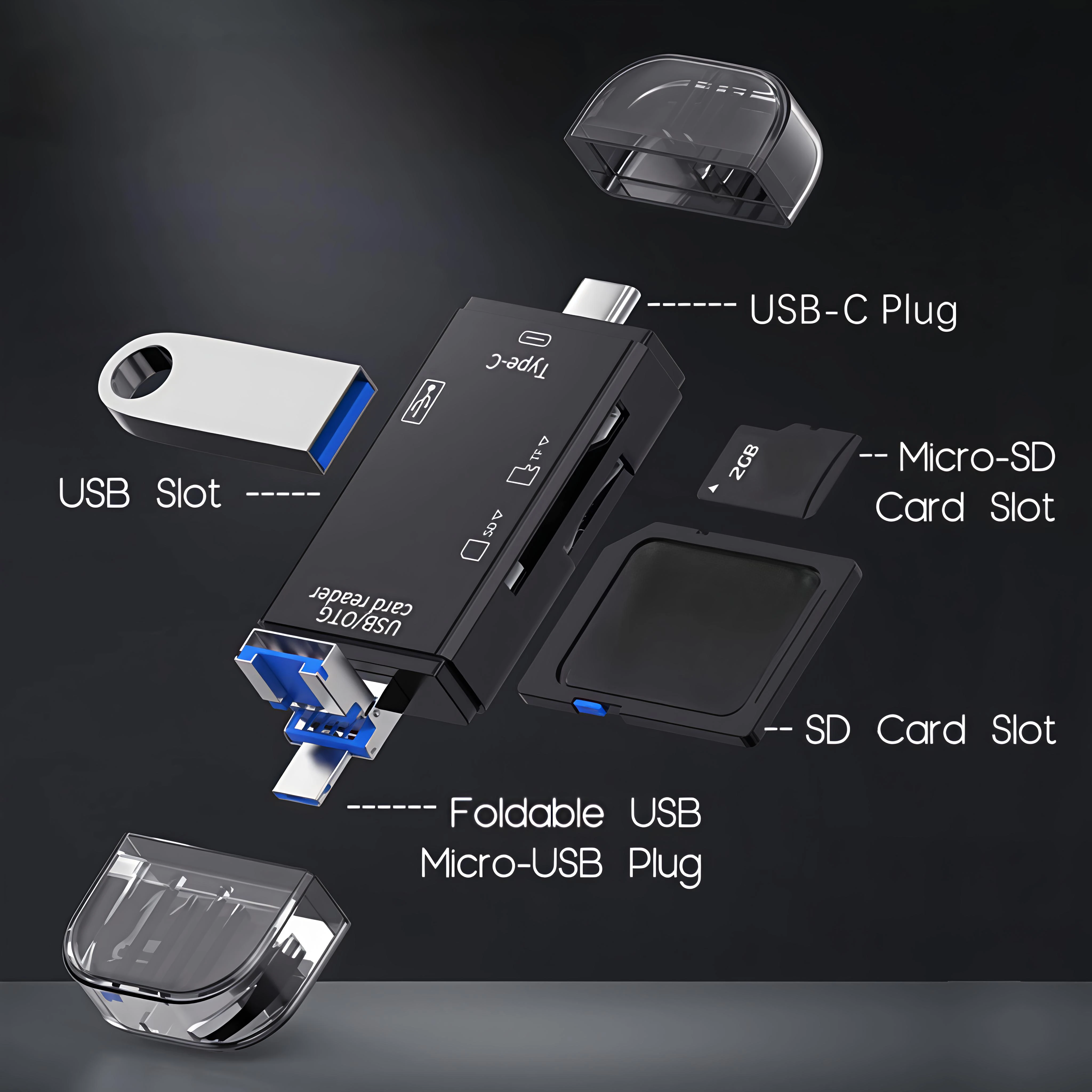 6-in-1 Type-C USB Card Reader, Flip Cover to Micro Adapter for Smartphones and Computers, USB2.0 OTG Card, with A and C Types, M