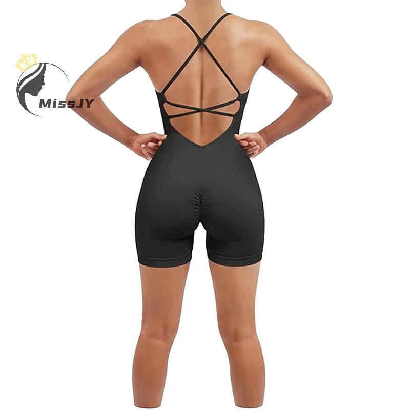 Women Strappy Romper Seamless Jumpsuit Tummy Control Padded One Piece Sports Bra Ribbed Quick-drying Fitness Tops