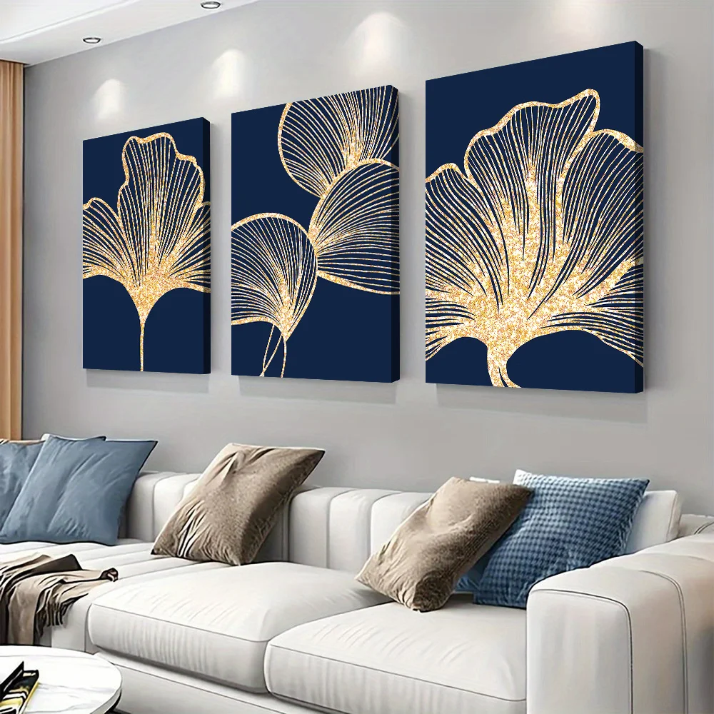 2D Flat,3pcs frameles,3-piece modern minimalist gold ginkgo leaf decoration painting Nordic style frameless canvas hanging paint