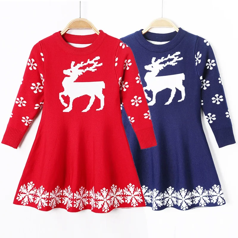 Christmas Girls Sweater Dress Children Xmas Knitted Gown Kids Cartoon Vestidos New Princess Winter Autumn Clothing 3-8 Years Old