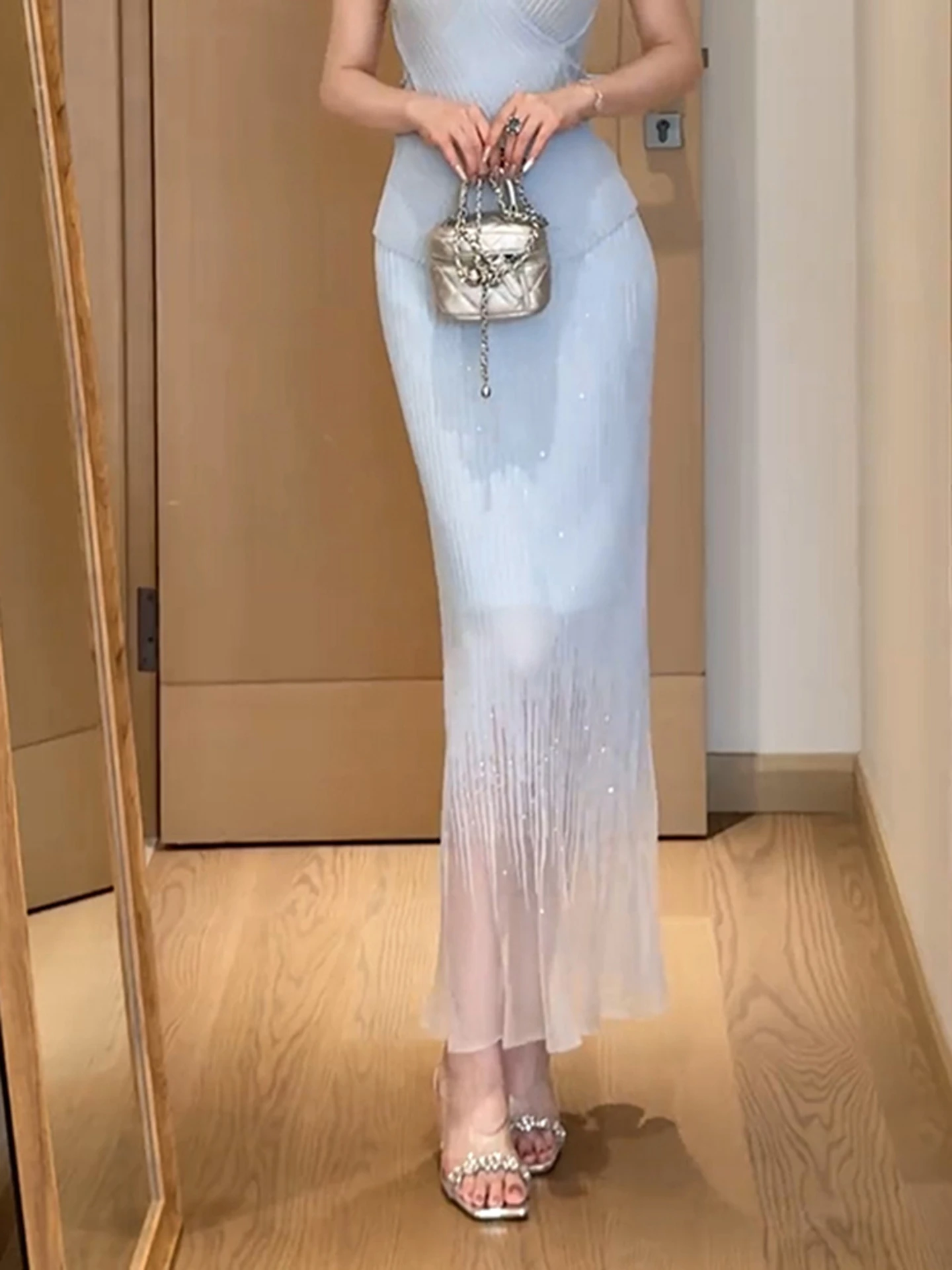 Ele Blue Waist-Cut Dr Set Autumn Winter High Waist A-Line Skirt V-Ne Busin Casual Polyester Fiber Women's Dr