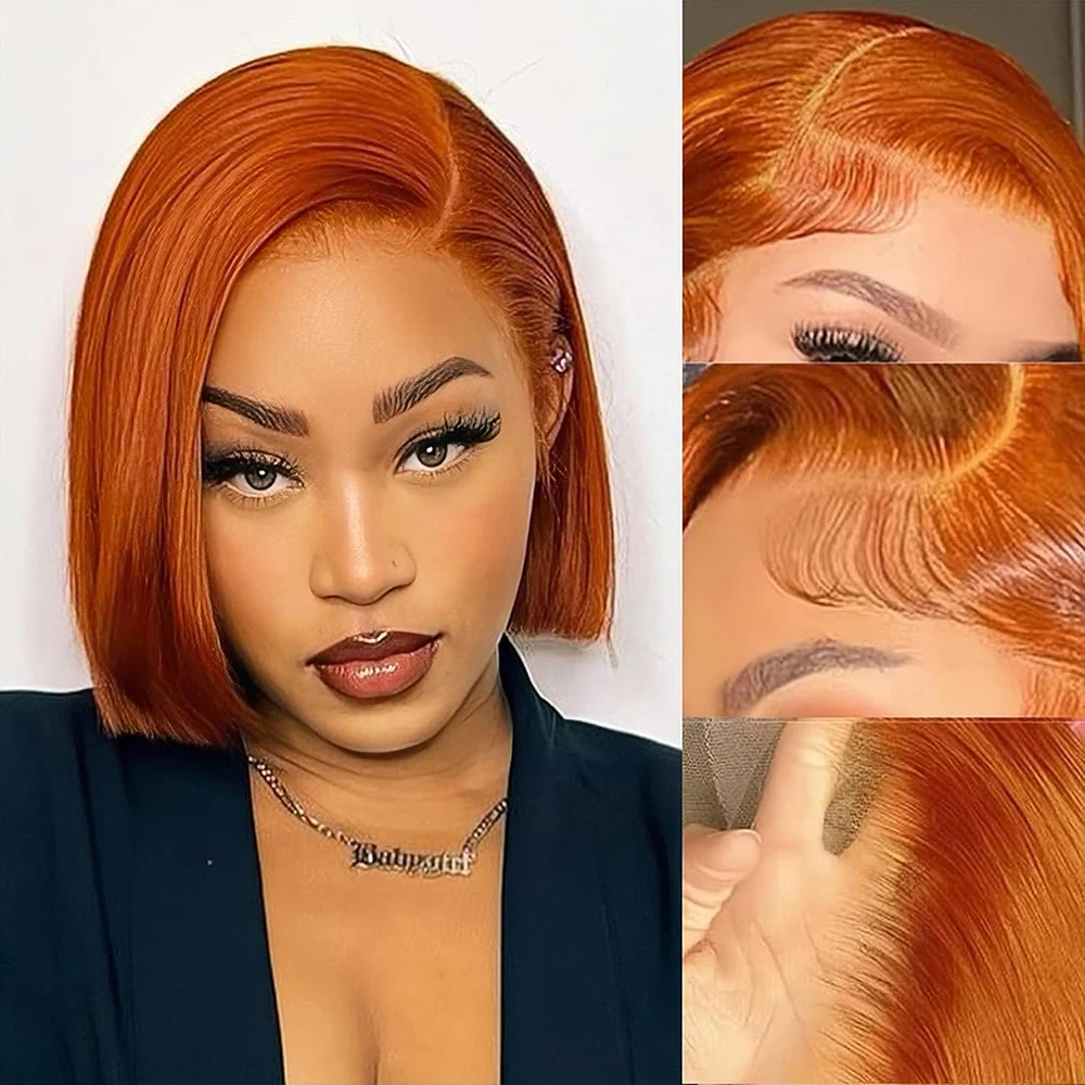 13×4 레이스 프론트 사이드 파트 가발, 짧은 스트레이트 가발, 픽시컷 보브, 여성용 앞머리가 미리 뽑아진 진저 컬러 보브 스타일