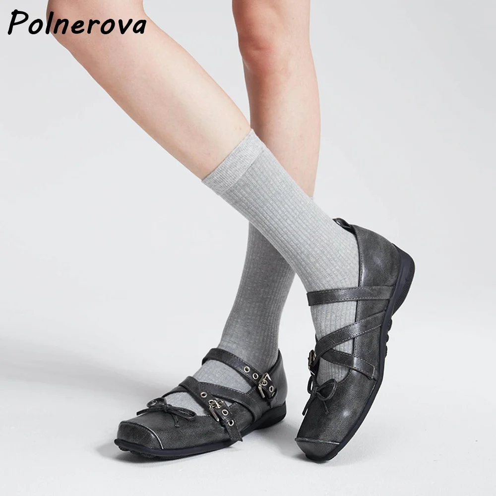 Balletcore Mary Jane Flats Pumps Square Toe Cross Buckle Strap Shoes with Bow Detail Vintage Washed Leather Style Casual Shoes