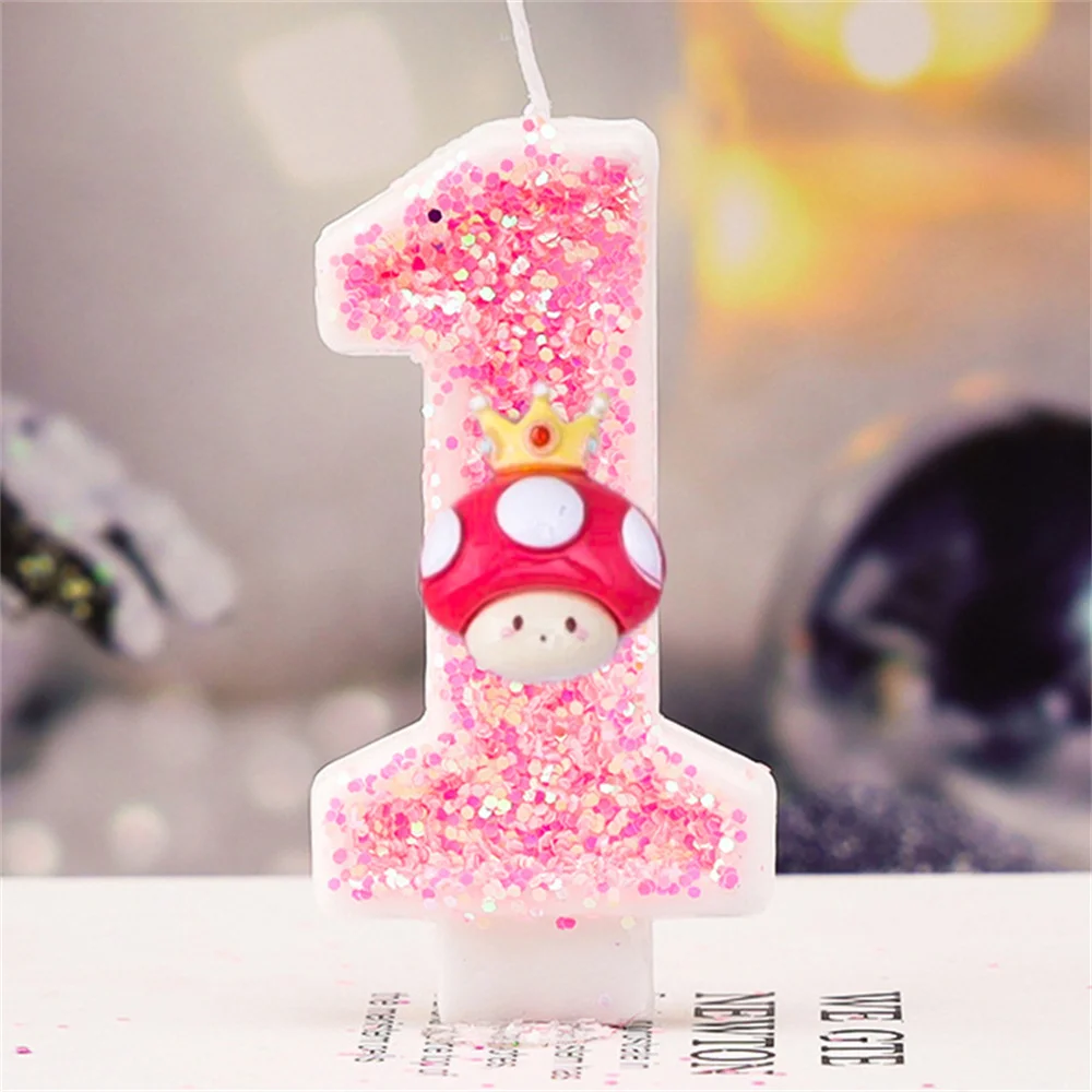 Pink Number Candles Glitter Birthday Candle Cake Topper Decoration Red Crown Mushroom 0-9 Digital Candle Birthday Party Supplies