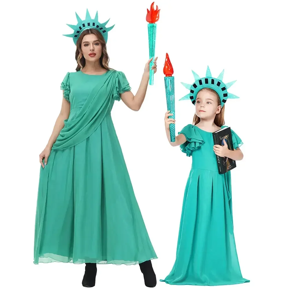 The World Goddess Statue Character Costume Halloween Costume Green Chiffon Party Dress Liberty Shine