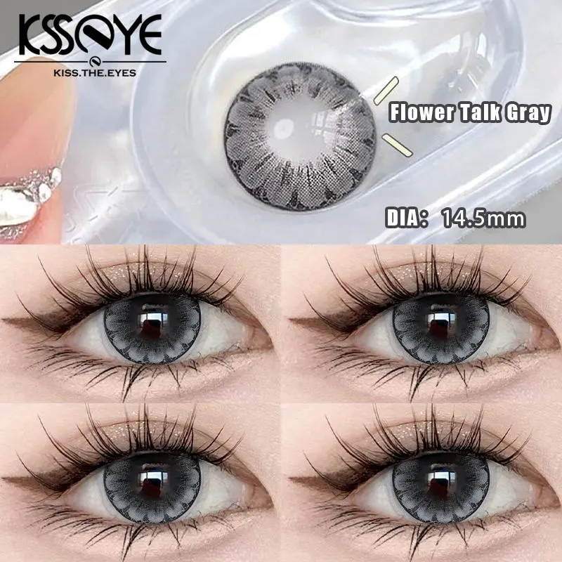 KSSEYE 2Pcs Colored Contact Lenses Myopia Degree -0.00 to -8.00 Flower Talk Brown Eyes Beauty Pupil Gray Makeup Soft Lenses