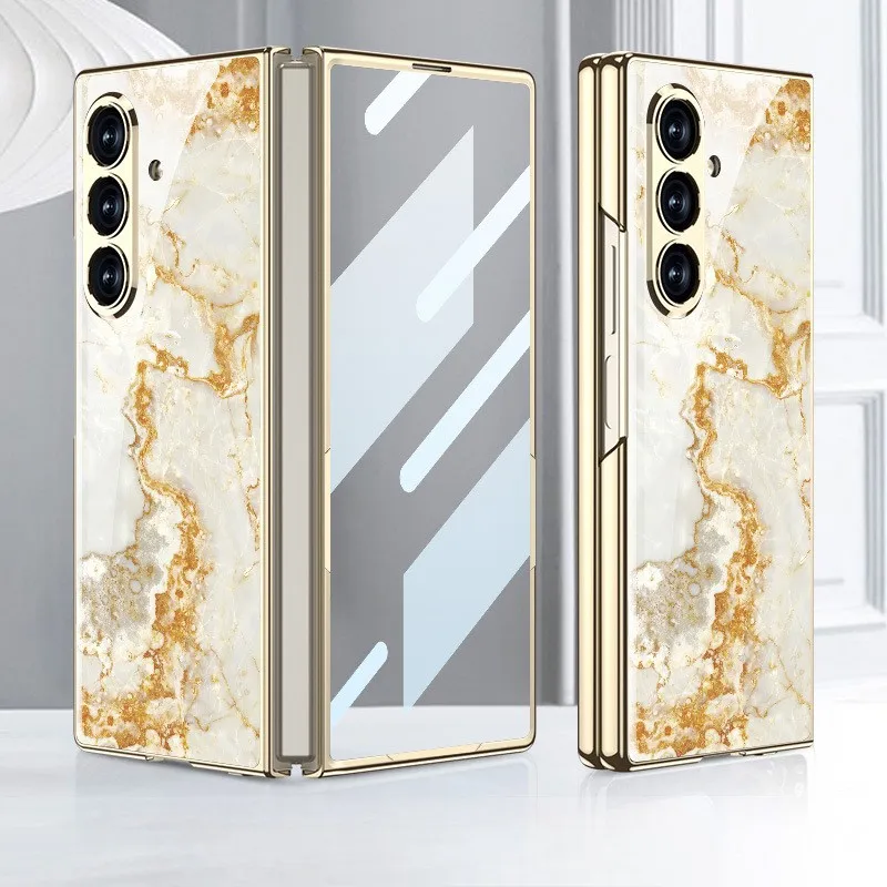 Für Samsung Galaxy Z Fold 7, plattierte Handyhülle aus lackiertem Glas, blau, stoßfeste Handyhülle, integrierter Displayschutz, Capa Funda