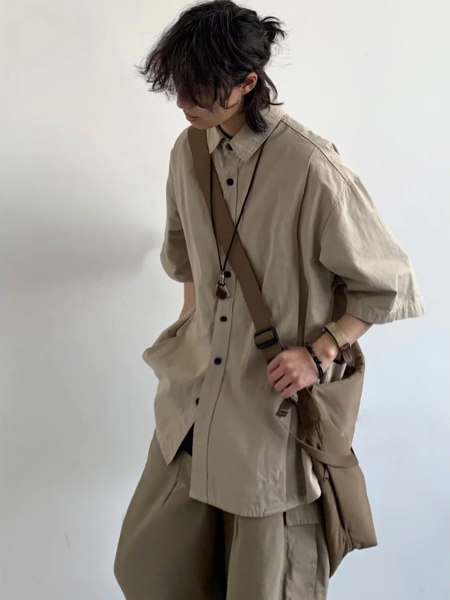 

Loose Short Sleeve Men's Shirt Summer Basic Color Neutral Workwear Casual Style Japanese Retro Loose Fit Youth Popular