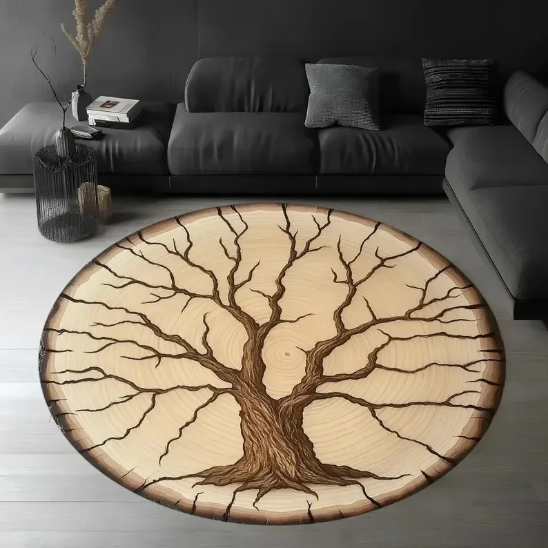 Natural Woodland Charm Tree Ring Pattern Round Rug Washroom Floor Mat Rugs for Bedroom Living Room Decoration