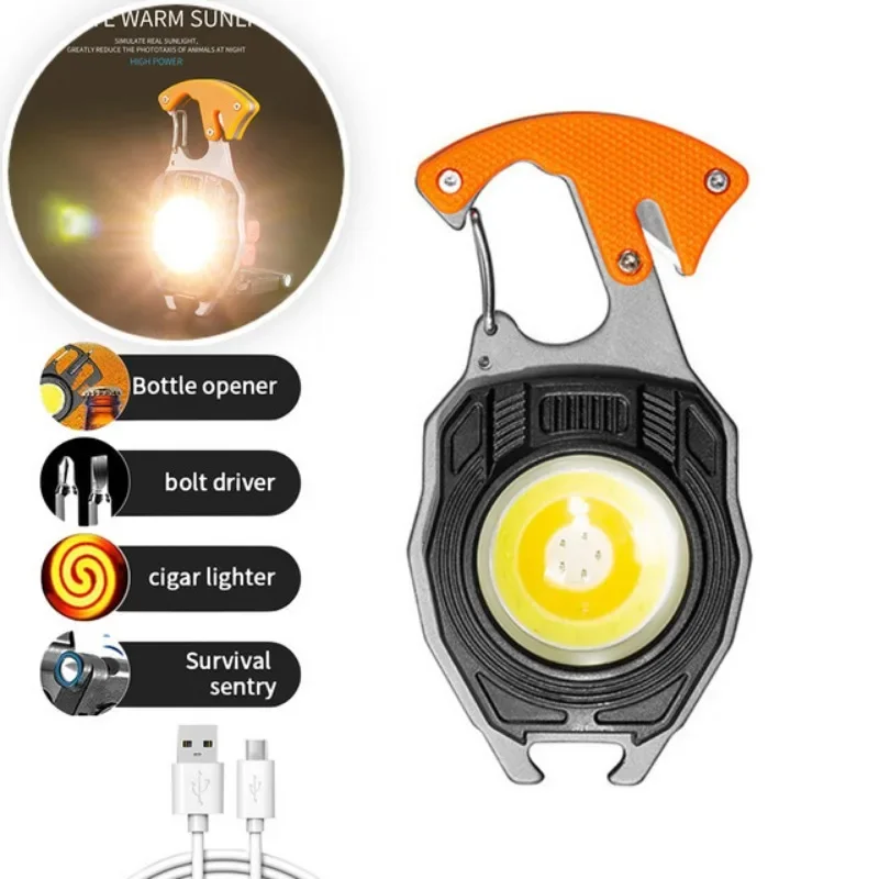 Lanterna recarregável multifunções COB, luzes de trabalho, 3 engrenagens, lanterna com isqueiro, chave de fenda, lâmpada LED Keychain para Camping