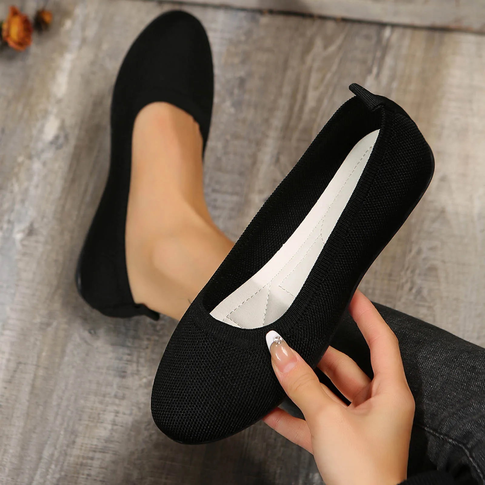 

Женские черные вязаные балетки без шнуровки — минималистичные удобные повседневные туфли на плоской подошве для женщин