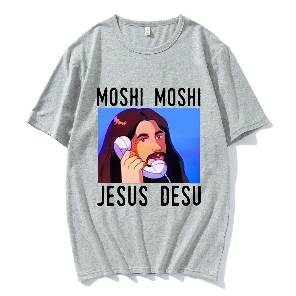 Nicolas Cage Moshi Moshi Jesus Desu T-Shirt Men Funny Meme Picolas Cage Awesome T-shirts Cotton Short Sleeve T Shirt Clothing