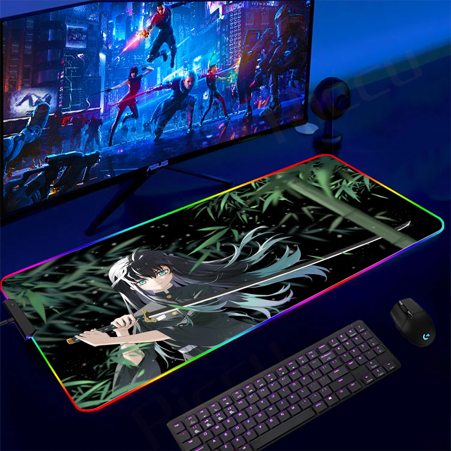 RGB Amine Muichiro Tokito Mousepad Manga Demon Slayer Mouse Pad Natural Rubber Gaming Mousemat Xxl Extended Desk Mat Boy Pad