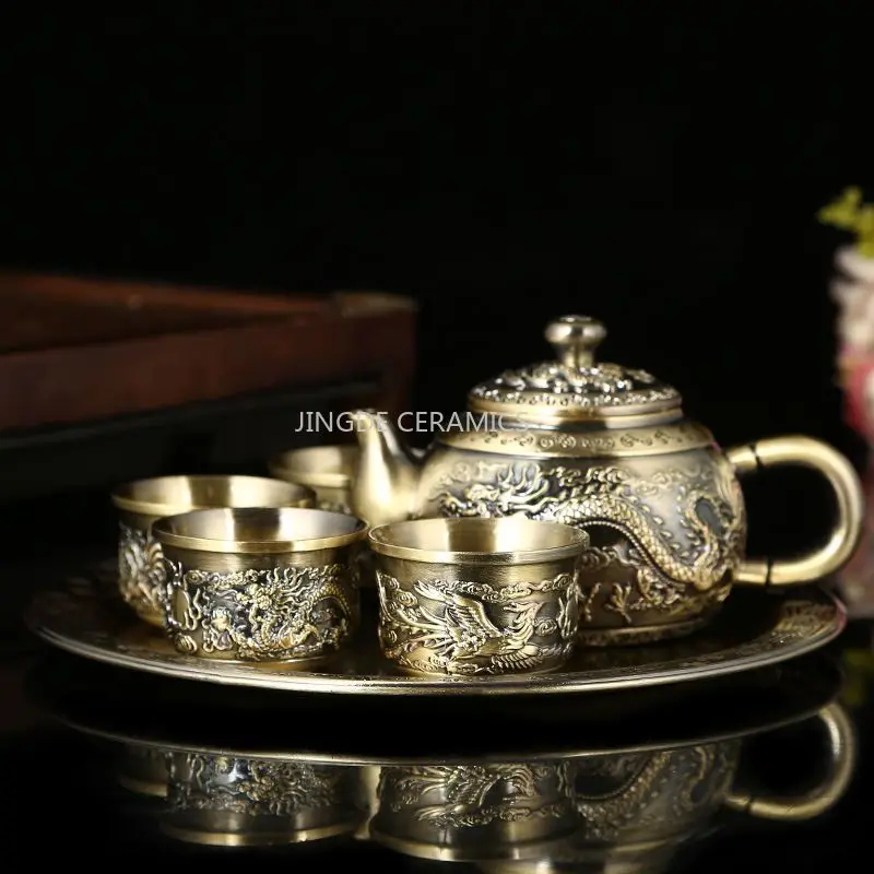 Zinc Alloy Tea Set Party Wine Set, Chinese-style Tea Ceremony Accessories, Home Decoration Gifts, 4 Cups, 1 Pot, and 1 Tray