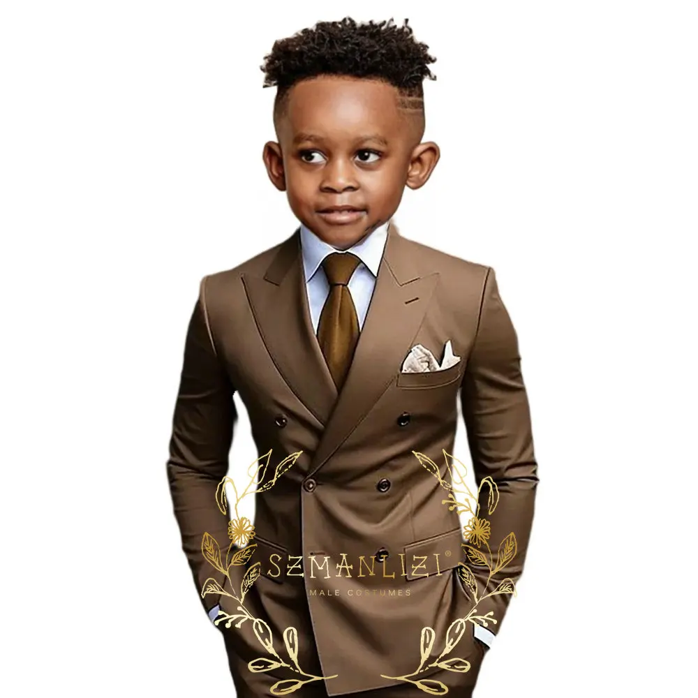 Brown Boys Suit Double Breasted Jacket Pants 2 Piece Set Business Style Formal Wedding Tuxedo Custom Size Blazer Kids