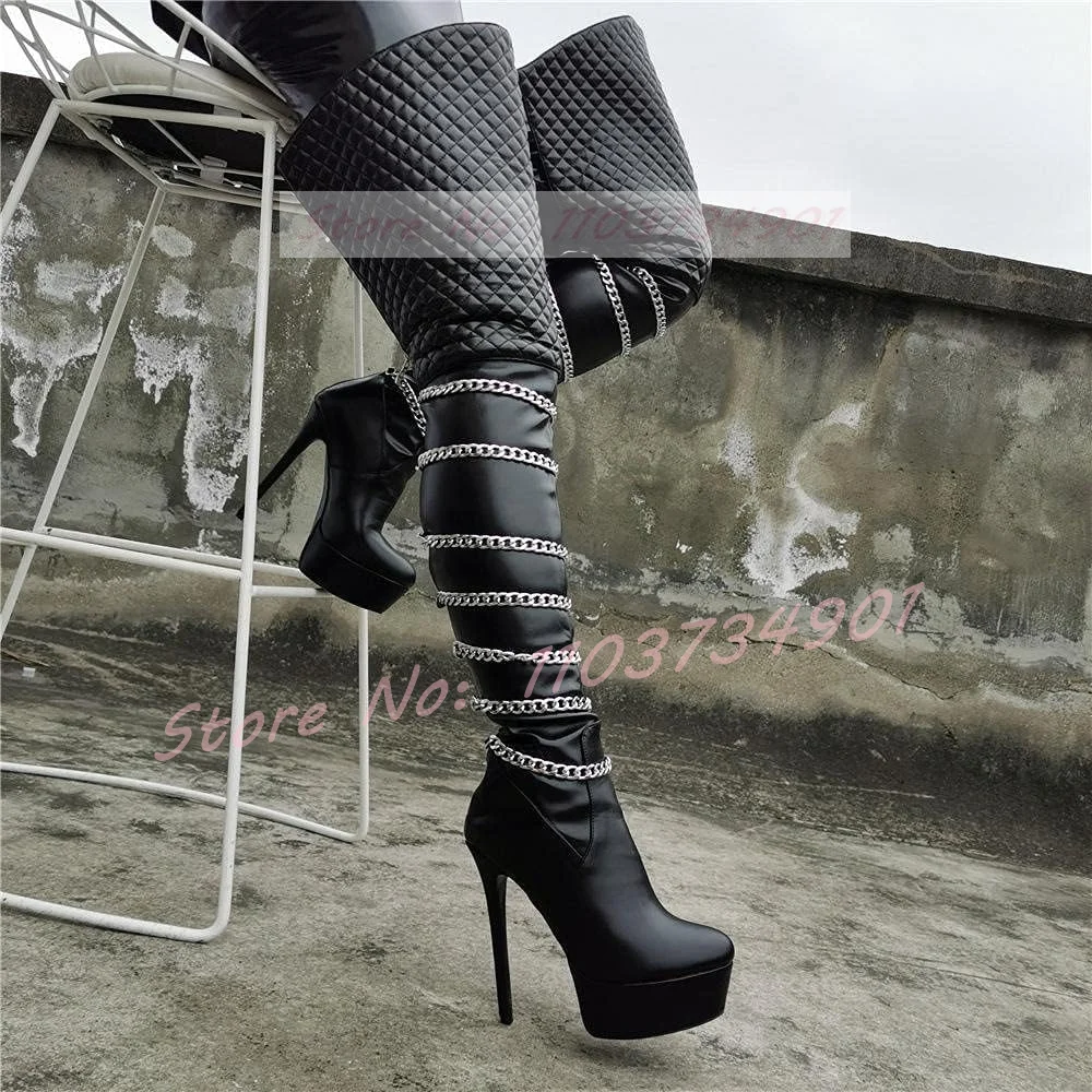 

Chain Strap Platform Crotch Boots Women Party Round Toe Zipper High Heels Shoes Ladies Slim Punk Fashion Big Size Stiletto Boots
