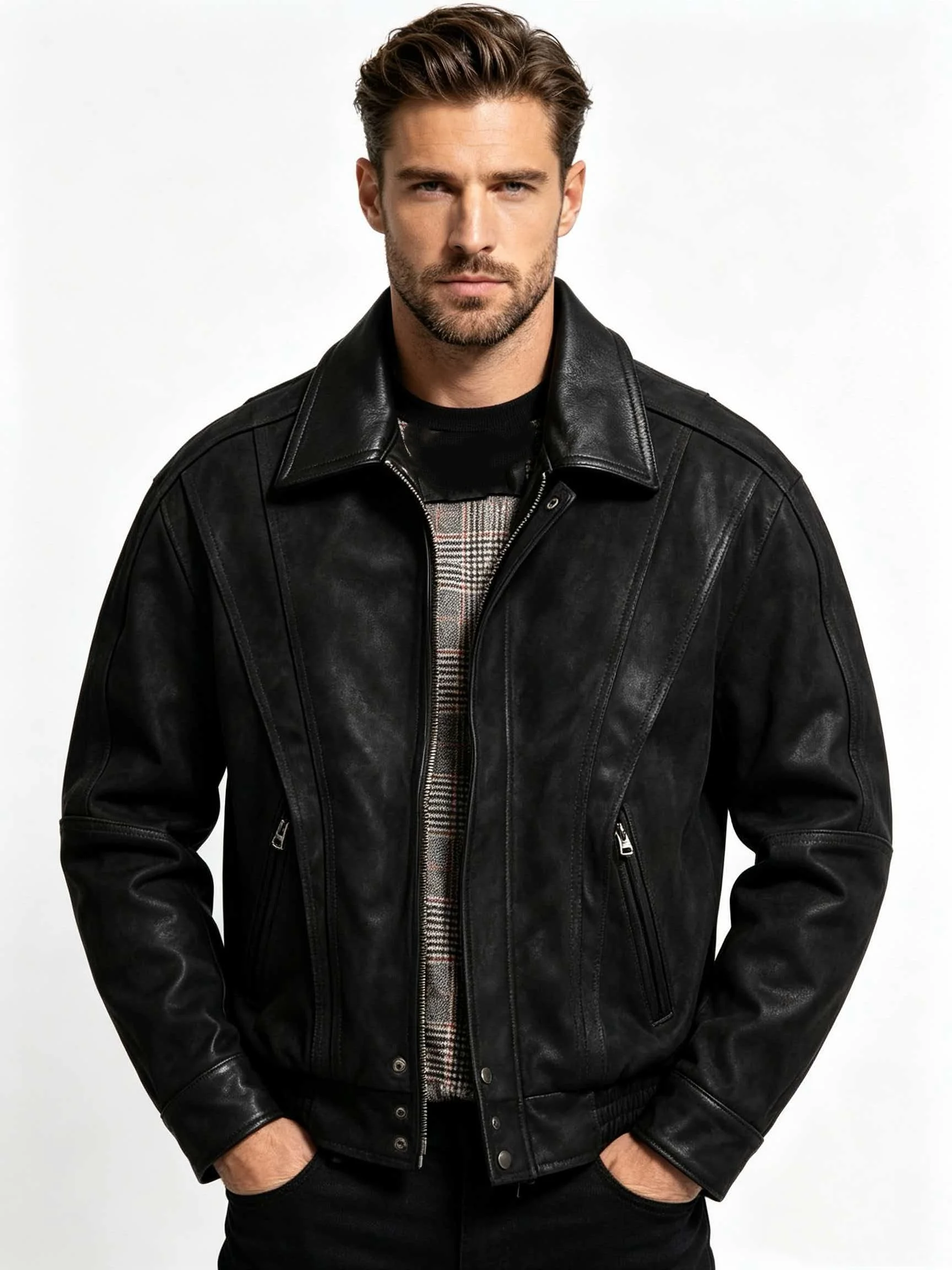 Men's Genuine Cowhide Suede Leather Jacket Black 70s Vintage Style Smooth Leather Collar Diagonal Seams Zip Pockets Rib Knit Hem