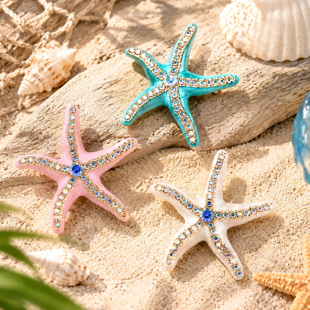 Colorful Starfish Enamel Brooch Rhinestone Inlaid Alloy Ocean Theme Lapel Pin Women Dress Scarf Jewelry Pin