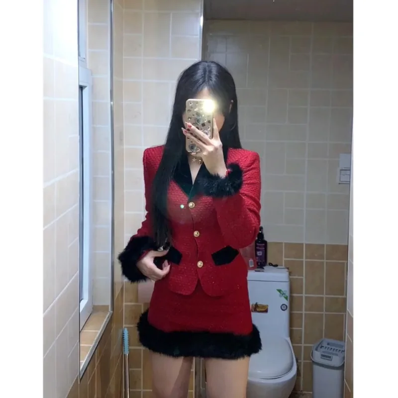 Set da due pezzi da donna caldo autunnale Moda coreana Design vintage francese Set giacca e gonna rossa Eventi casual Abbigliamento femminile