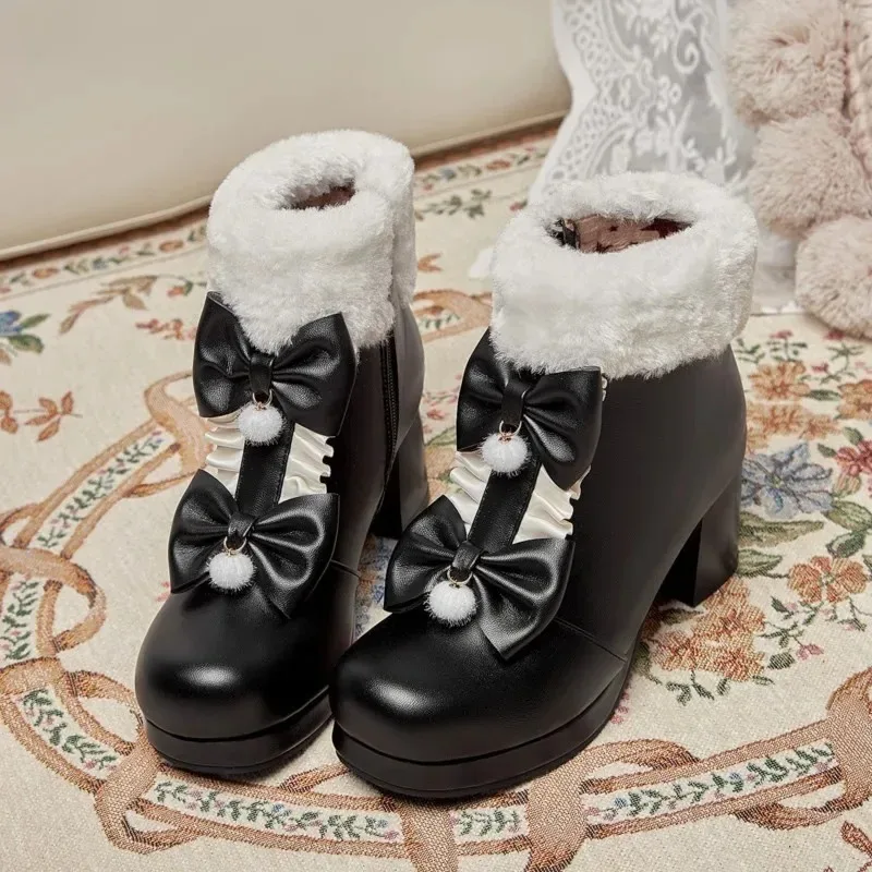 2025 Winter Womens Fashion High Heel Boots Pink White Black Fur Tassel Bowtie Lovely Lolita Ladies Party Wedding Shoes Size 43