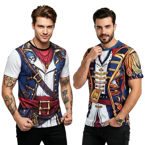 Men Medieval 3D Printed Pirate Costume T Shirt Short Sleeve Crew Neck Halloween Cosplay Vintage Captain Tops Male Holiday Appare