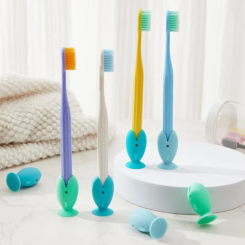 4PCS Fish Shape Toothbrush Holder Silicone Standing Toothbrush Storage Rack Portable Travel Toothbrush Head Protector Cover