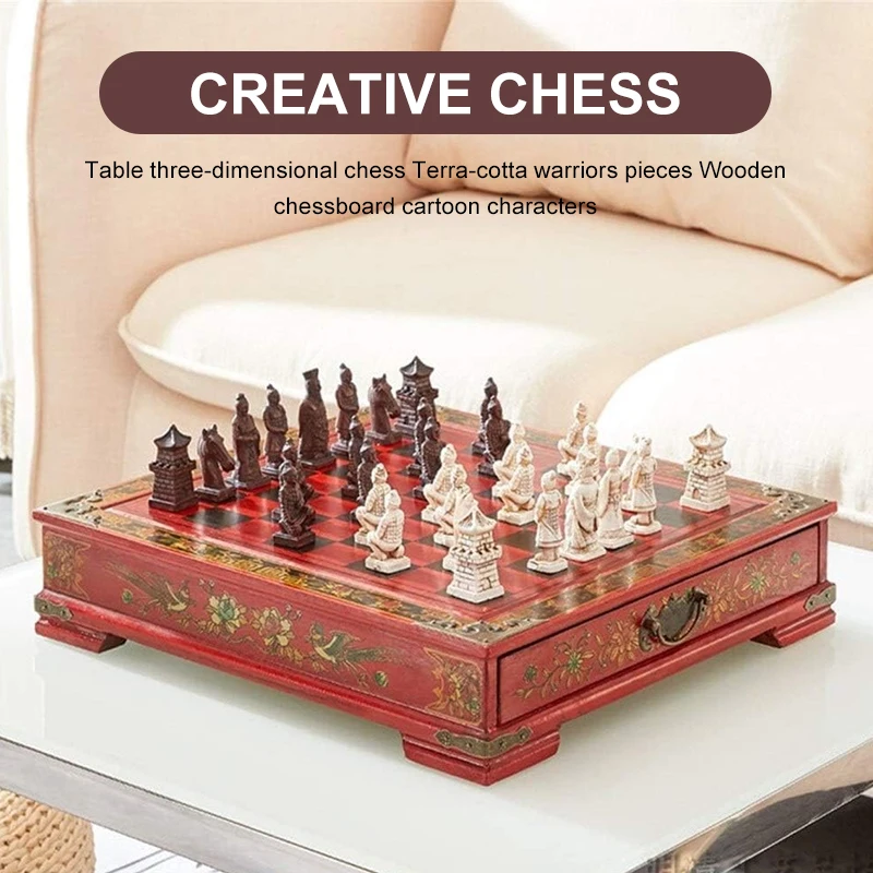 Creative chess table stereoscopic chess Terra Cotta Warriors chess pieces wooden chessboard cartoon characters