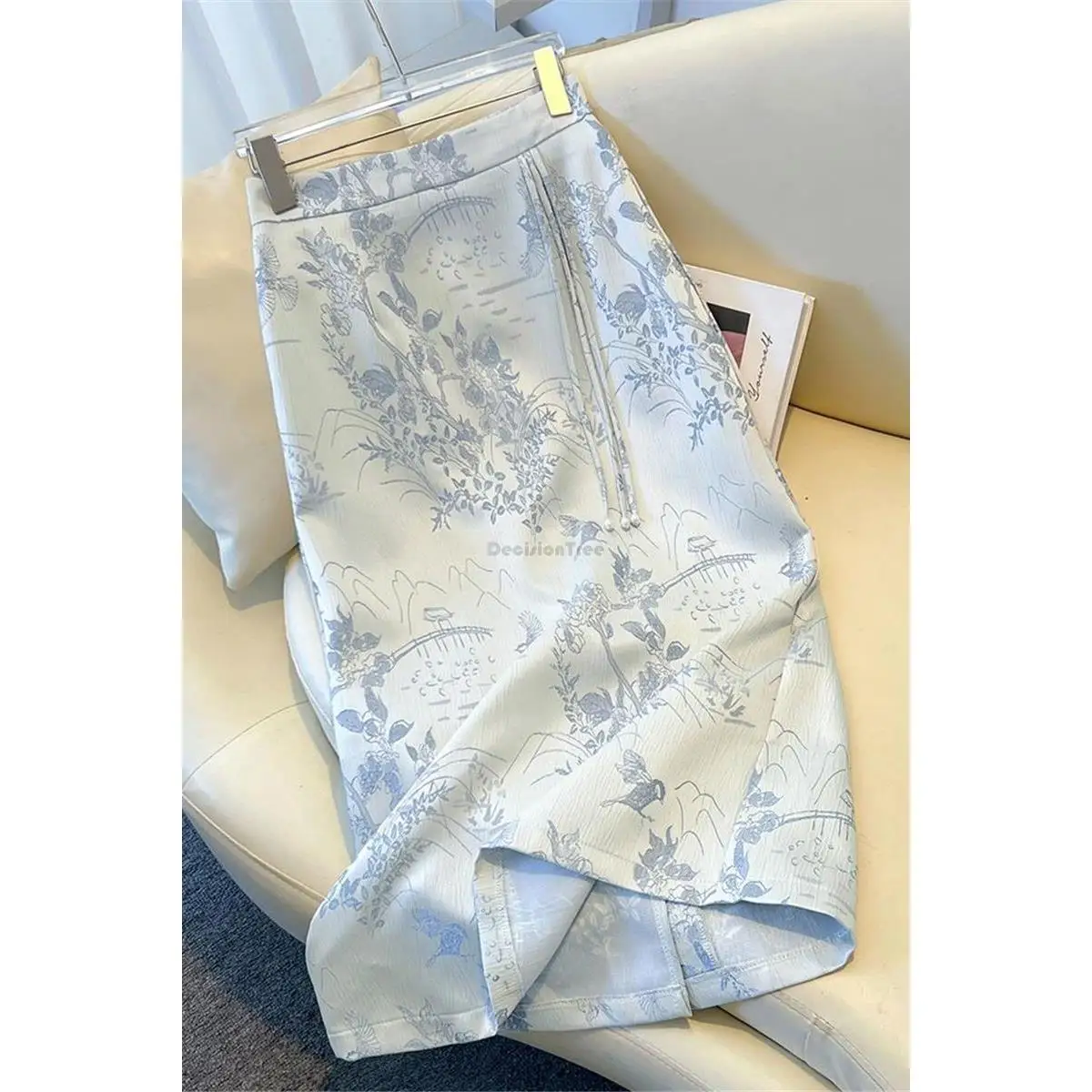 Demi-jupe en satin brodé pour femmes, nouveau style chinois amélioré, élégante, rétro, ligne a, printemps et automne, 2025