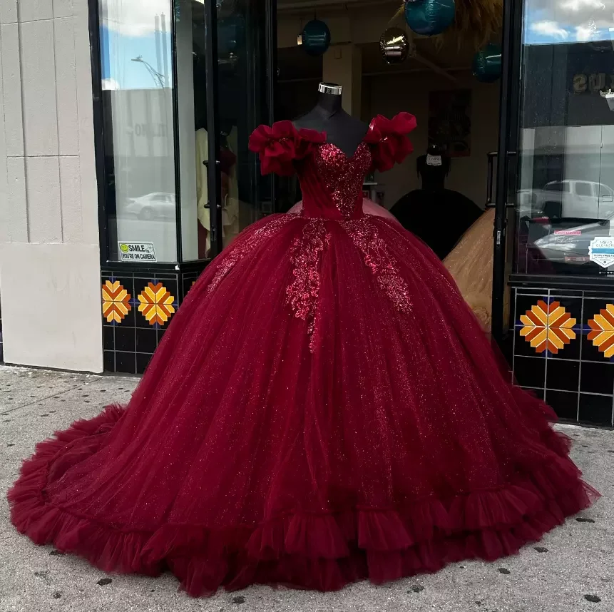 ANGELSBRIDEP Wine Red Quinceanera Dresses Bead Crystals Ruffle Bottom Birthday Party Dress Mexican Sweet 16th Prom Customized