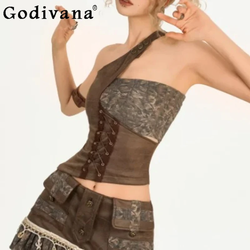 Spring Summer Retro Street Sexy Sleeveless Vest Women Strapless Top Two-Piece Sets Punk Personality Lace-up Brown Handsome Tops
