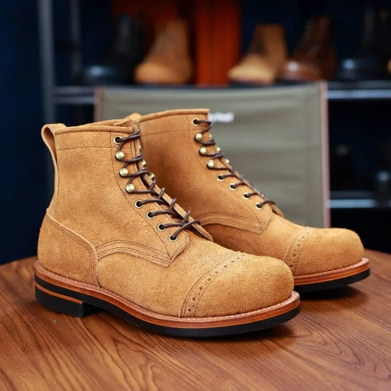Men's Beige Faux Suede Vintage Work Boots, Short Shaft Round Toe Non-slip Lace-up Ankle Boots for Hiking & Motorcycle Riding