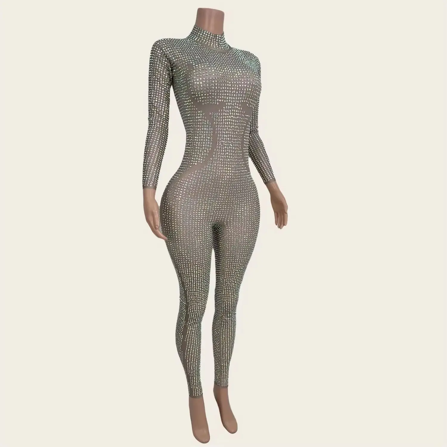 Jingdian Sparkly Volledige Strass Lange Mouw Jumpsuit Vrouwen Sexy Nauwsluitende Prestaties Dans Kostuum Nachtclub Stadium Slijtage