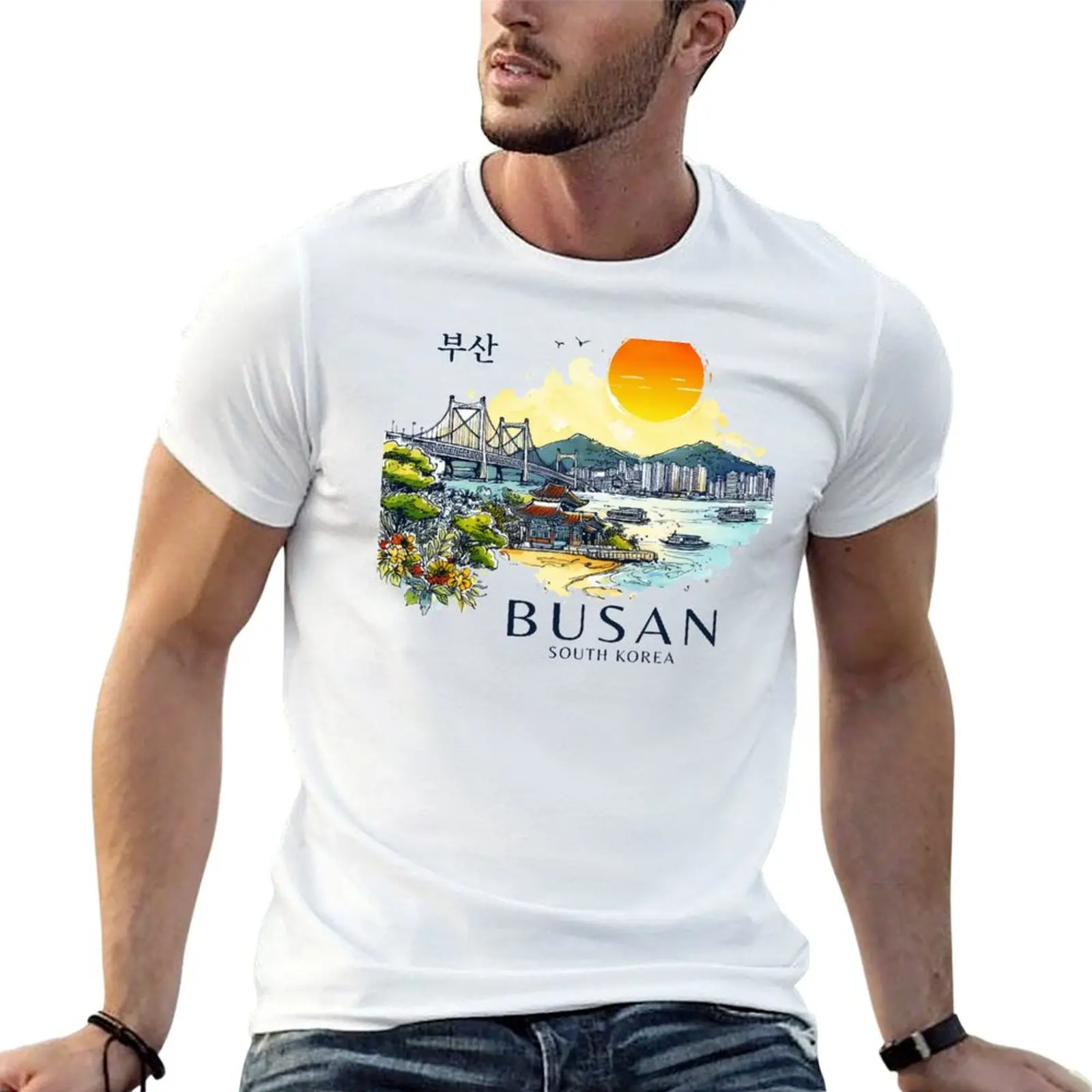 

Korea shirts man Busan men luxury T-Shirt t Watercolor South t shirt man for