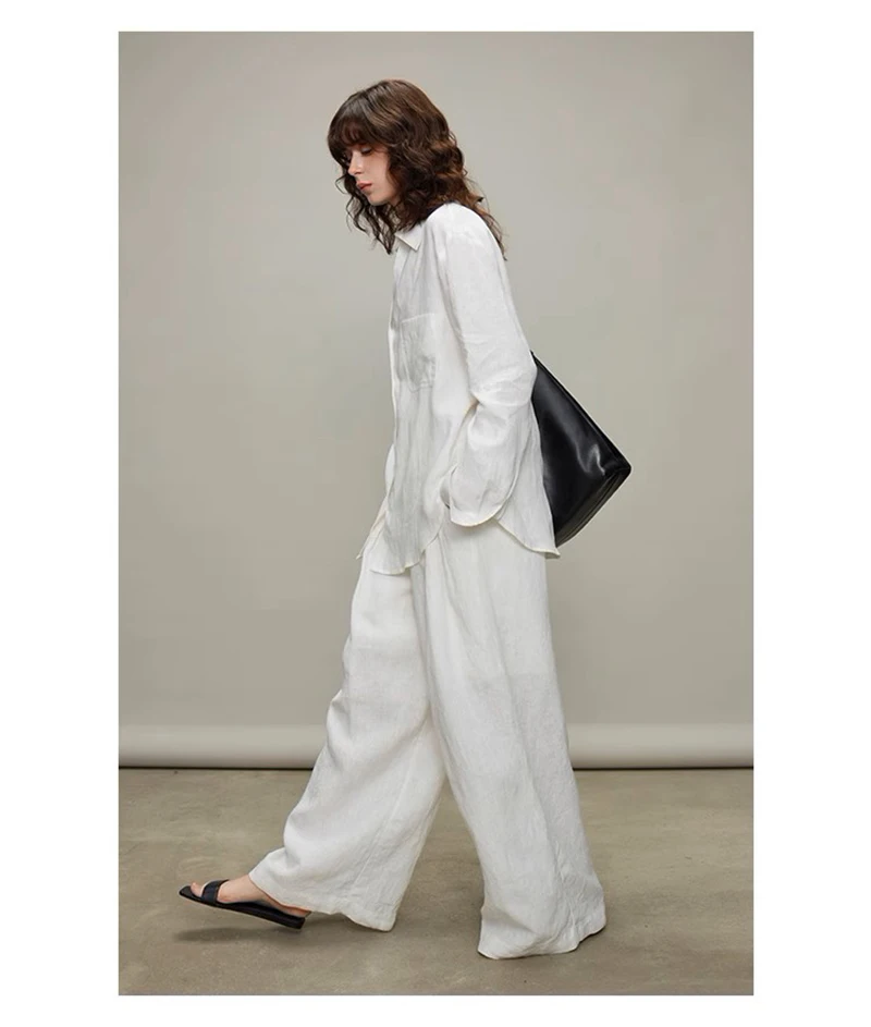 Fengbaoyu 100% Natural Linen Women's Set - Blouse and Pants 2 Pieces - Spring/Summer Outdoor Casual Loose Large Size