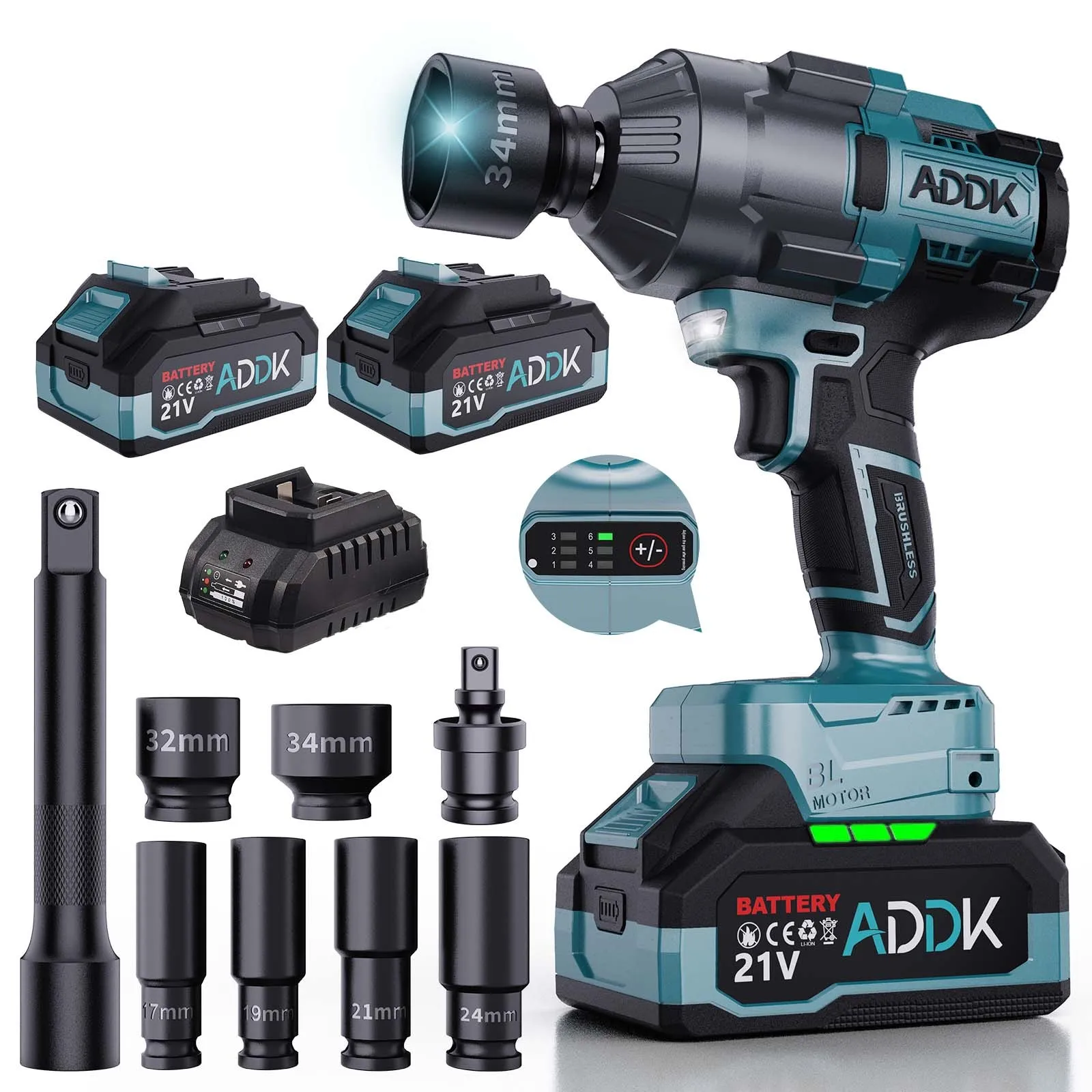 1600N.M Brushless Electric Impact Wrench with 21V 4.0Ah Lithium Battery,Electric Wrench Power Tool,6-speed regulation