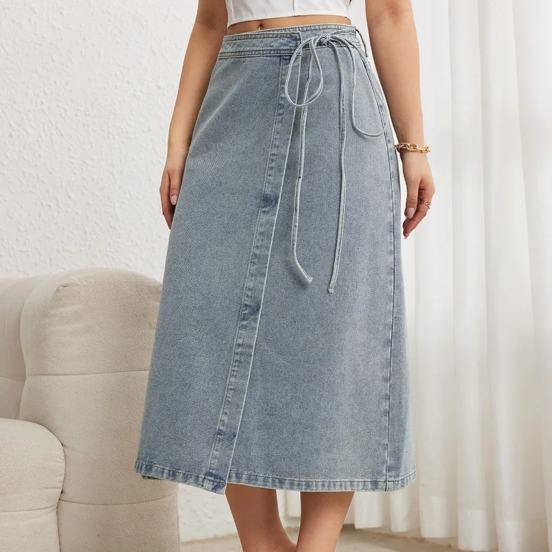 Korean Fashion Elegant Denim Midi Skirt Women High Waist Side Tie String Loose Casual Vintage Slit A-line Summer Long Jean Skirt