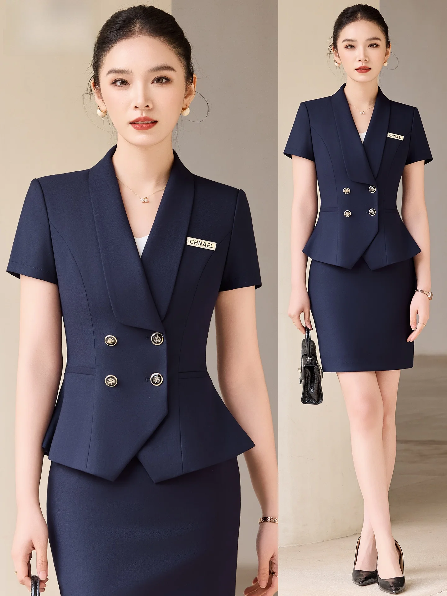 

Синий костюм-двойка для женщин, летний, 2026, новый стиль, элегантный, профессиональный, для менеджеров отелей, униформа для ювелирных магазинов, для работы и повседневной носки