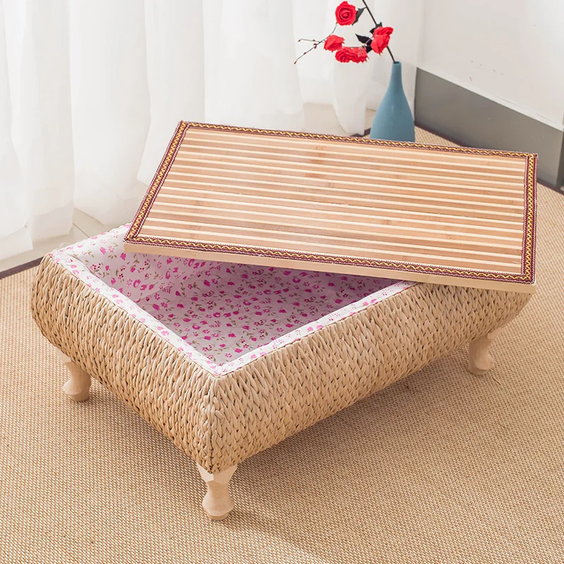 Rattan Bay Window Tables Tatami Tea Table with Storage Japanese Floor Desk for Bedroom Low Profile Coffee Table for Living Room