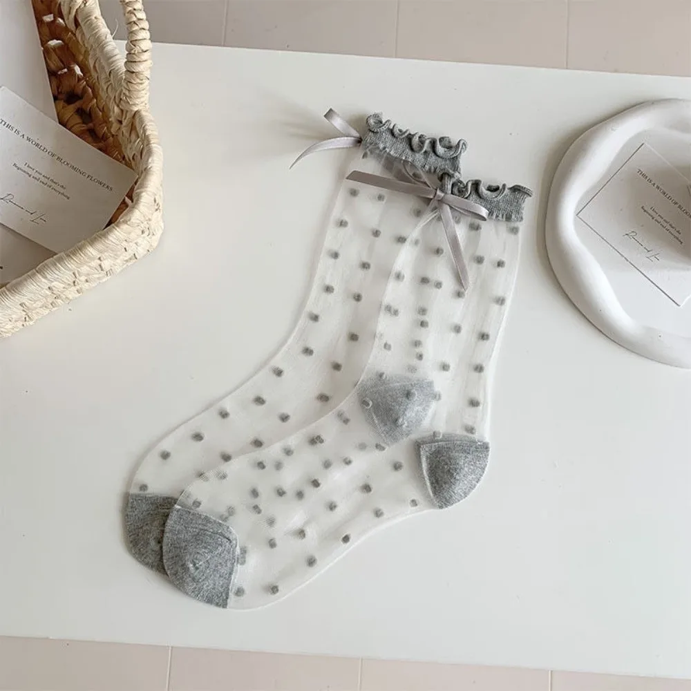 Sweet Ultra-thin Lolita Socks Crystal Silk Soft Polka Dot Sock Elastic Breathable Long Socks Girls