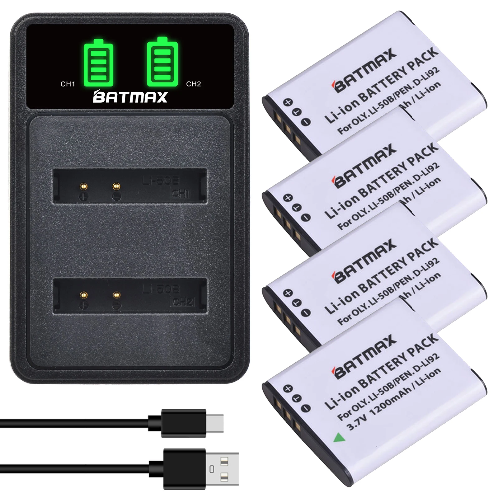 

Batmax Li-50B Li50B Bateria D-Li92 Battery+LED Dual Charger with Type-C Port for Olympus u6010 u6020 for Pentax XZ-1 SP-800UZ