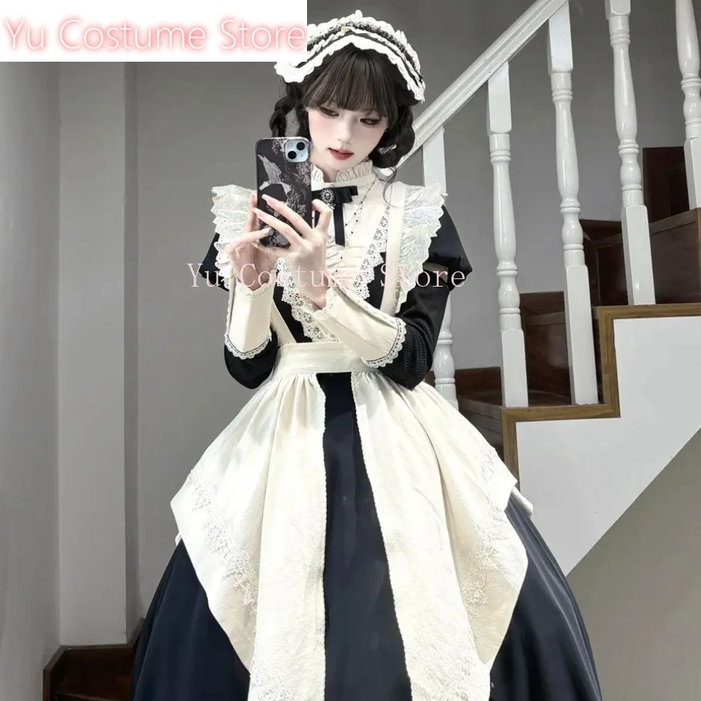 

2025 european style dark series medieval retro maid set japanese style with apron maid suit sweet puff sleeves lace lolita set